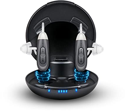 JINGHAO Amplificateur de son Rechargeable numérique BTE avec Étui De Chargement Portable Réduction Du Bruit Haute Puissance, Changement De Mode Multiple Amplificateur de Voix, Gris Une Paire