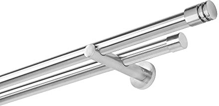 Dekobase Vorhang Gardinenstange Metall Wand Montage 2 läufig komplett Set, 20 mm Ø, Edelstahl-Optik (Andrax-Rille, 220cm)