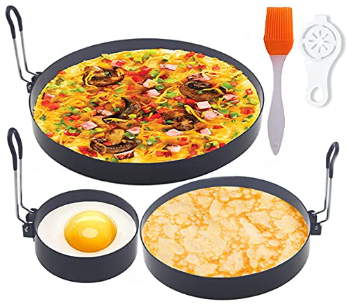 WOWITIS Upgrade Large Egg Rings Set,8'' Omelet Ring,6'' Pancake Ring,4'' Ring,3 Packs Non-stick Stainless Steel Round Maker Mold Shaper Circle Anti-scalding Grill with Oil Brush & Separator