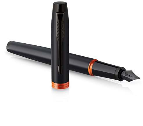 Parker IM Vibrant Rings Füller | satinschwarzer Lack mit leuchtendorangen Akzenten | Füllfederhalter mit feiner Feder und blauer Tinte | Geschenkbox