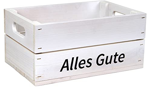 HW HOLZKISTEN-WELT Holzkiste Weiß mit Aufdruck Alles Gute - Stiege Steige Geschenkverpackung Präsentkorb Geschenk