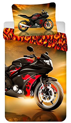 Jerry Fabrics Kinder Bettwäsche Set mit Wendemotiv Motorrad Schwarze Rennmaschine mit roten Flammen, Bettdeckenbezug 140x200 cm, Kopfkissenbezug 70x90 cm, 100% Baumwolle mit Reißverschluss