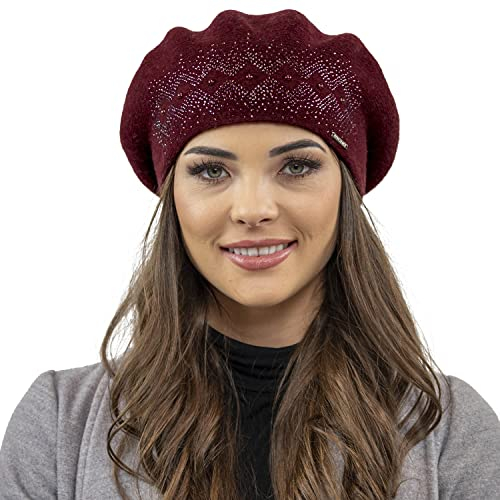VIVISENCE Baskenmütze Für Damen Winter Herbst Warme Barette Aus Wolle Mit Zirkonia-Applikation Frauen Elegante Klassischem Stil Perfekte Für Herbst Und Wintertage Modell 7050, Weinrot,Einheitsgröße