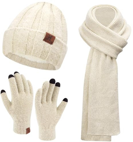 Damen Winter Warm Beanie Mütze Touchscreen Handschuhe und Lang Schal Set mit Fleece Gefütterte, Thermo Wintermütze Strickmütze Schals Winterhandschuhe Strickhandschuhe Frauen Geschenk, Aprikose