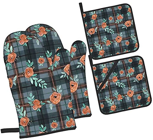 Ofenhandschuhe und Topflappen im 4er-Set, widerstandsfähige Hot Pads mit rutschfesten Polyester-Grillhandschuhen in Gold-Rose-Indigo-Tartan-Muster für Küche, Kochen, Backen, Grillen