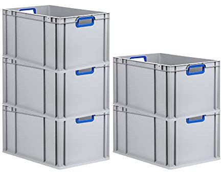 PROREGAL SuperSparSet 5x Eurobox NextGen Color | HxBxT 32x40x60cm | 65 Liter | Griffe blau offen | Verstärkter Boden | Eurobehälter, Transportbox, Transportbehälter, Stapelbehälter