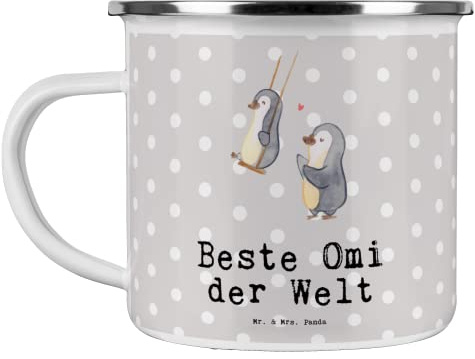 Mr. & Mrs. Panda Camping Emaille Tasse Omi - Geschenk, Emaille Becher, Großmama, Kleinigkeit, Geschenkidee, Ommi, Dankeschön, Outdoor Tasse,