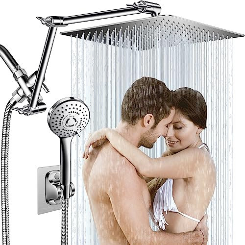 Combo de cabezal de ducha de lluvia de 12 pulgadas, cabezal de ducha de lluvia de alta presión con ajuste flexible de 16 pulgadas de altura y ángulo mejorado y cabezal de ducha de mano con 5 ajustes,