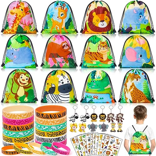 Latocos 48Pcs Dschungel Party Mitgebsel kindergeburtstag Geschenktüten Sporttasche Silikonarmband Schlüsselanhänger Aufkleber für Kinder Jungen Safari Tiere Deko Waldtiere Themed Party