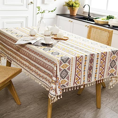 Tischdecke Boho Leinenoptik Rechteckige Quaste Tischtuch Abwaschbar Lotuseffekt Ölbeständig Fleckschutz Tischdecken Pflegeleicht für Gastronomie, Feste, Party, Hochzeiten, Haushalt (NX, 140 x 140 cm)