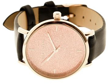 COFI 1453 Lily + Stone Armbanduhr, rosanes Zifferblatt, Schwarze Schnalle, Armband Schwarz-Gold