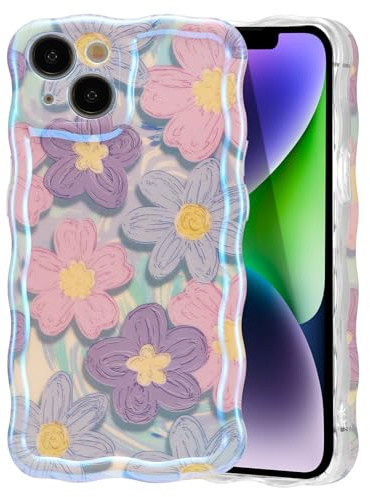 EYZUTAK für iPhone 14 Hülle, Bunte Vintage Ölgemälde Blumen, Rosa Lila | Glitzer Flower Muster Handyhülle, Niedliche Lockiges Wellenförmiger Rand, Langlebige TPU Schutzhülle, Für Mädchen Frauen