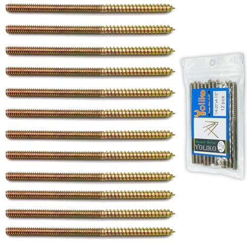 Yoliko 12 Pack 1/4-20 x 4-1/2 Inch Hanger Bolts 1/4-20 Double Headed Bolts 1/4 Wood Dowel Screw Self-Tapping Screw Hanger Bolts for Furniture Screws Double Screw Threaded Rods Bolt 114.3mm Length
