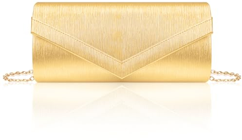 Larcenciel Clutch Gold, Damen Handtasche mit Abnehmbarer Kette, Elegant Crossbody Abendtasche für Braut, Vertikales Streifenmuster PU-Leder Metallisch Tasche für Hochzeit, Party, Date (22×10.5×5cm)