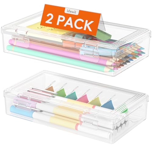 Lifewit Plastic Pencil Box with Snap-tight Lid, Large Capacity Hard Pencil Case, Stackable Craft organiser for Art Supply, Office, 2 Pack