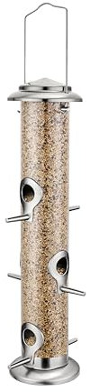 iBorn Vogelfutterspender - 38cm Metall Futterspender mit 6 Anflugplätzen - Futterhaus zum Aufhängen für Vögel -Wildvogel Futterstation - Futtersäule - Wildvögel Futtersilo- Nickle