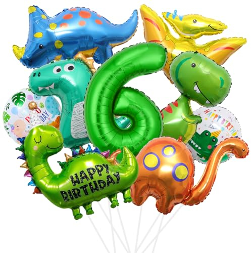 XXL Dino Geburtstag Deko, 6 Jahre Dinosaurier Folienballon, Dinosaurier Geburtstagsdeko Jungen, Grüner Luftballons Dino, Zahlenballon 6 für Dinosaurier Jurassic Dschungel Party Kinder Geburtstag