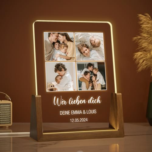 Giftove Personalisierte Valentinstagsgeschenk für Mama Papa, Muttertagsgeschenk für Ehefrau vom Ehemann, Geschenk für Mutter Väter Weihnachten, Individuelle Bilderrahmen aus Walnussholz mit LED & Foto