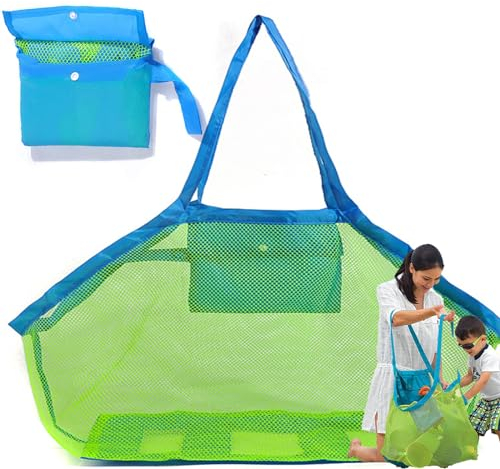 Large Mesh Beach Bag, Beach Toys Bag Organiser, Beach Essentials Toy Storage Bags, Foldable Collapsible Storage Bag for Kids Pool Beach Accessories Toy Shells Clothes Towels Family Vacation