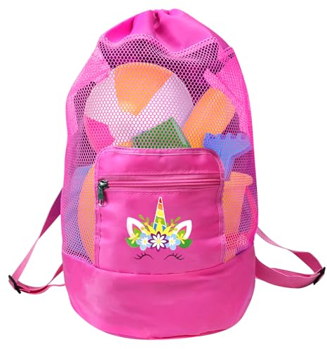LOHAME Strandspielzeug Tasche Rosa Strandtasche für Strandspielzeug Wasserspielzeug Rucksack Badetasche Mesh Beach Bag mit Einhorn Muster Aufräumsack für Kinder Jungen Mädchen Familie