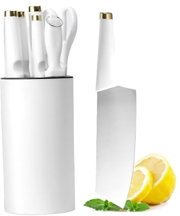 AVEKI Kitchen Knife Block Set, 7 Piece Knife Set with Round Knife Block, Ultra Sharp Chef Knife Set with Non-Slip Handles, Cooking Knife Set for Cutting Meat/Vegetables/Fruit (White), WHD02