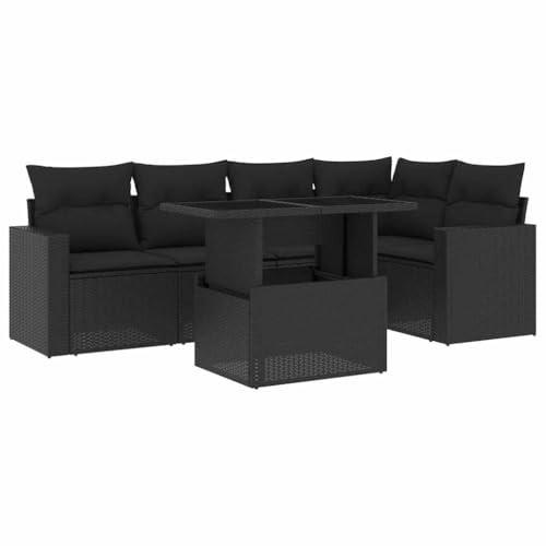vidaXL 6-TLG. Garten-Sofagarnitur mit Kissen Schwarz Poly Rattan