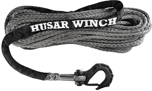 KIT Husar Winch Corde Synthétique - 28 m x 10 mm 18T lbs avec Housse de Protection + Crochet de Remorquage 10T, Crochet à Vent pour récupération Hors Route, Idéal pour ATV/UTV, Off-Road, 4x4
