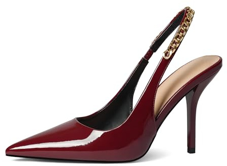 iiimmu Women's Stiletto Heels Closed Pointed Toe 4 in Heels for Women Patent Leather Pumps with Chain Wedding Party Dress Prom Heels Slingback Pumps, Patent Leather - Cherry Red 4in, 6 UK