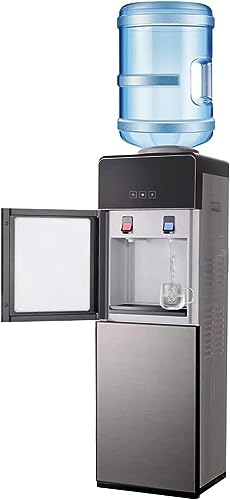 PRMTYUP Caliente Y Frío Carga Superior Dispensador De Agua 5 Galones De Enfriadores De Agua con Bloqueo De Seguridad Infantil Bandeja De Goteo Armario De Almacenamiento para Casa, Oficina,Cromo,104cm
