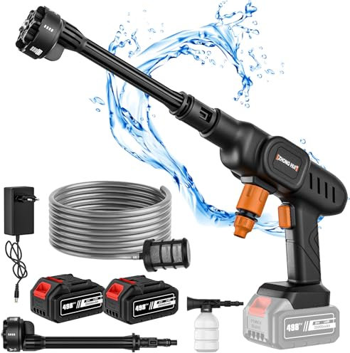 Akku Hochdruckreiniger, 60Bar Akku-Druckreinigerpistole Hochdruckpistole, Tragbarer Hochdruckreiniger Akku, 6-in-1 Multifunktionale Düse, Hochdruckreinigers Pistole für Auto, Terrasse (2 akku)
