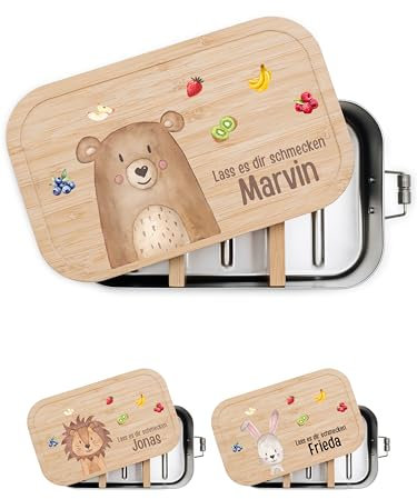 wunderwunsch® - Personalisierte Brotdose für Kinder - Robuste und Individuelle Edelstahl Brotdose mit Namen - Personalisierte Geschenke für Kinder (klein Edelstahl,Bär mit Obst)