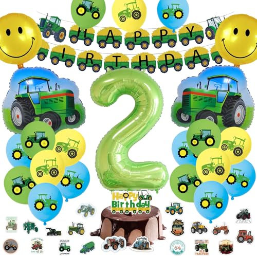 Funnity Deko 2. Geburtstag Junge, Traktor Geburtstag Deko 2 Jahre, Traktor Deko Kindergeburtstag, Grün Folienballon Traktor 2 Jahre für Jungen Party Dekoration