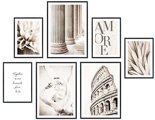 Hyggelig Home Premium Poster Set - 7 hochwertige Poster im Kunstdruck Rom Liebe aesthetic - für Wohnzimmer Schlafzimmer Esszimmer Flur - Set Amore - Mit Rahmen schwarz