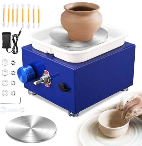 Tornio per Ceramica, Kooeuru Tornio per Argilla 2000 giri/min Velocità Regolabile con Piastre da 10/6,5 cm, Strumenti di Modellatura e Vasca Rimovibile, Tornio Ceramica per Bambini e Adulti, Blu scuro