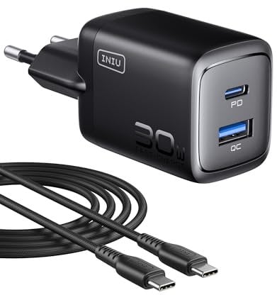 INIU 30W Chargeur USB C, 2-Port Prise USBC Chargeur Rapide avec USBC Câble, PD 3.0 Type C Adaptateur de Charge Rapide pour iPhone 16 15 Pro Max, iPad Air, Samsung S25 S24 Ultra, Google, Xiaomi, Huawei
