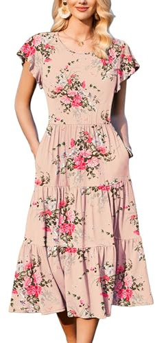 Zeagoo Damen Sommerkleid Kurzarm Maxikleid Casual Rundhals Strandkleid Rüschen Ärmel Lang Kleider Lose A-Linie Freizeitkleid mit Taschen Rosa Blume S