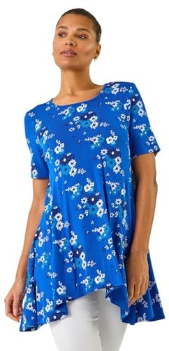 Roman Originals Hanky Hem Tunic Top for Women UK - Ladies Longline Blouse Asymmetric Hemline Short Sleeves Casual Slouch Loose Summer Spring Relaxed Comfortable - Blue Multi - Size 12