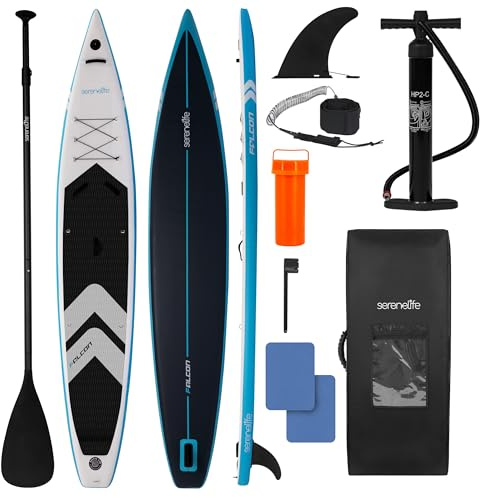 SereneLife 14’ Inflatable Stand Up Paddle Board for Racing – 28” Narrow Design for Expert Paddlers with Double-Layer Sidewalls, Non-Slip Deck Pad, SUP Accessories,GoPro Mount, for Youth and Adults