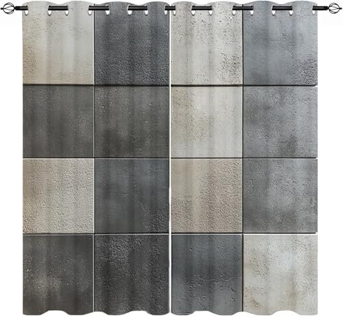 Lot de 2 Rideau Occultant 117L X 229H cm (2 Panneaux) Texture de Ciment à Carreaux GéOméTriques Rideaux à Oeillets Thermiques Lsolants Lavable, Anti-Fondu Rideaux Occultant Gris pour Salon et Chambre