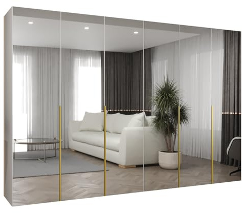 MEBLE KRYSPOL - Kleiderschrank mit Spiegel - Drehtürenschrank - Schrank 300 x 202 x 52 cm - Garderobenschrank Schlafzimmer, Flur, Jugendzimmer - Weiß, Griff Gold - Alicante 3