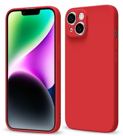 Svaove for iPhone 14 Phone Case Liquid Silicone, Thin Ultra Slim Minimalist Phone Cover, Girly Cute Plain Bright Solid Color Matte Soft Rubber Jelly Gel Plastic TPU Bumper, Red