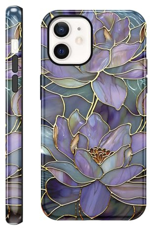 Phoona Lilac Flower Pattern Case for iPhone 12 6.1, Aesthetic Trendy Stylish Dsign for Girl Women, Shockproof Slim Soft TPU and Hard PC Frosted Double Protective Cover