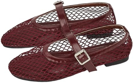 Ballerines plates en maille pour femme, tendance et confortable, bout rond, boucle en résille, ballerines Mary Jane décontractées, larges larges, décontractées, robe Mary Jane, Bourgogne Pd, 38 EU