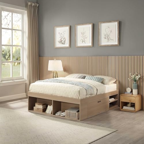 Home Treats Double Wooden Platform Bed Frame With Storage Compartment's | Bed With 4 120cm Oak Accoustic Wall Panels (Double Bed + 4x 120cm Panels)