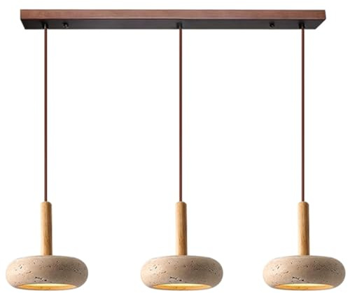 TMKOO Wabi Sabi Pendelleuchte Gelbe Travertin Mit Rundem Naturstein Schirm Nordische Holz LED Hängelampe Verstellbare Schlinge Für Schlafzimmer Nachttischlampe Wohnzimmer Kücheninsel(Long)