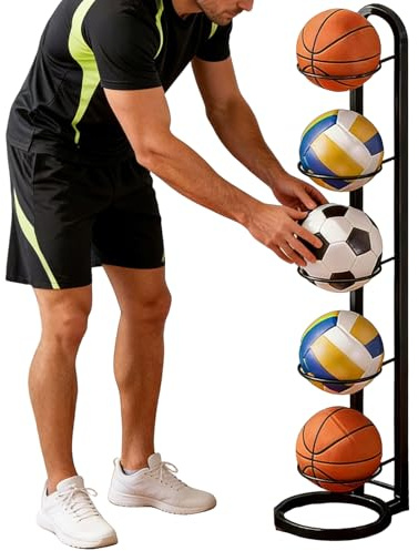 5 Tier Ball Storage Rack, Metal Football Stand, Ball Holder– Removable Vertical Sports Organizer for Storing Footballs, Soccer, Basketballs, Volleyballs, Space-Saving Rack for Garage, Gym, Bedroom