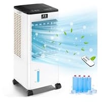 Condizionatore Portatile Senza Tubo, Raffreddatore d’Aria 4 in 1, 4 Modalità 3 Velocità, Climatizzatore Evaporativo 60 W, Timer 1-12 H, con Telecomando, 4 Ruote per Casa e Ufficio