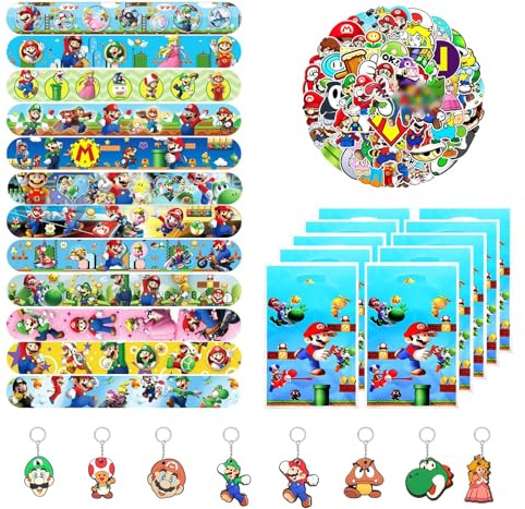 Mitgebsel Kindergeburtstag Gastgeschenke, 80 Stück Super Bros Mitbringsel Set mit Schnapparmbänder Schlüsselanhänger Geschenktüten Aufkleber, Party Kleine Geschenke und Give Aways für Jungen Mädchen