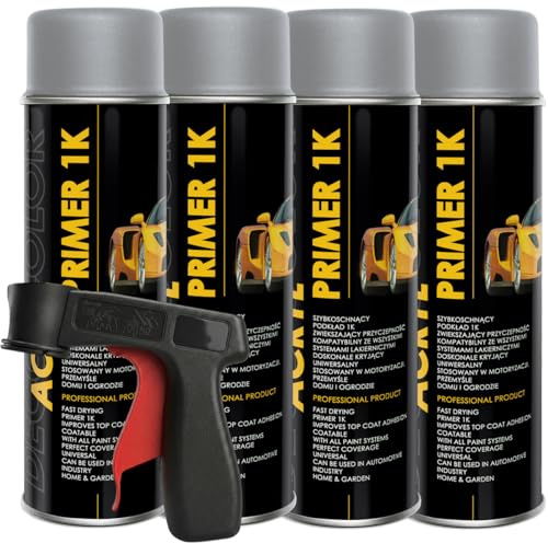 Craft-Equip DC 4er Sparpack MEGAFELGA 500ml inklusive Haltegriff - Felgenlack - Lackspray für Alufelgen und Stahlfelgen (4 Dosen 500ml Grundierung Grau + Haltegriff)