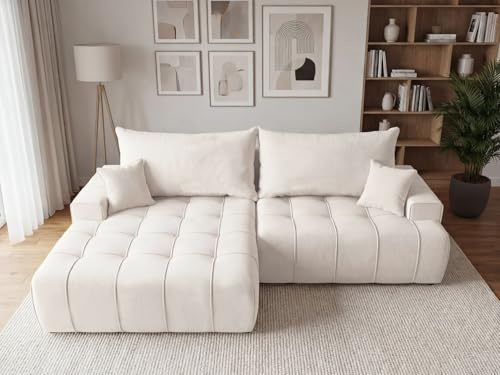 GRAINGOLD Tulio Ecksofa mit Schlaffunktion und Bettfunktion, 270x165 cm, L-Form Sofa, Schlafcouch für Wohnzimmer, Veloursstoff, 3-Sitzer Eckcouch, Ecksofa mit Stauraum (Creme, Links)